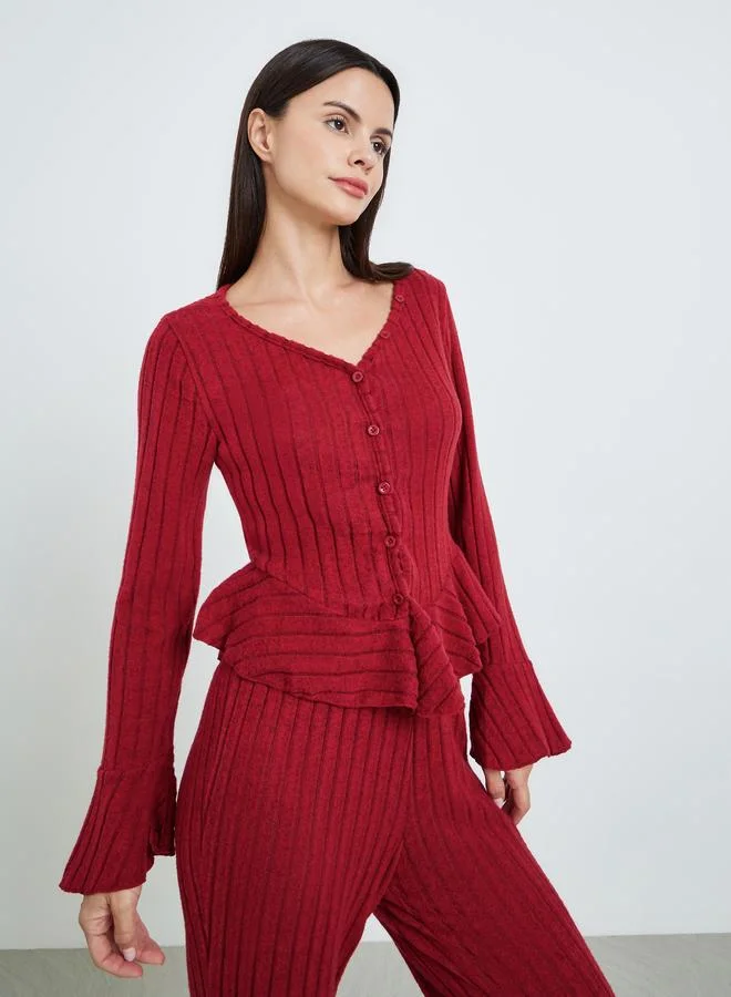 ستايلي طقم بيجاما من بنطال وبلوزة مضلعة للنساء